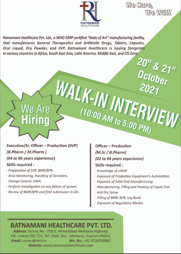 Job Availables,Ratnamani Healthcare  Pvt. Ltd. Walk-In-Interview  For B.Pharm / M.Pharm / M.Sc