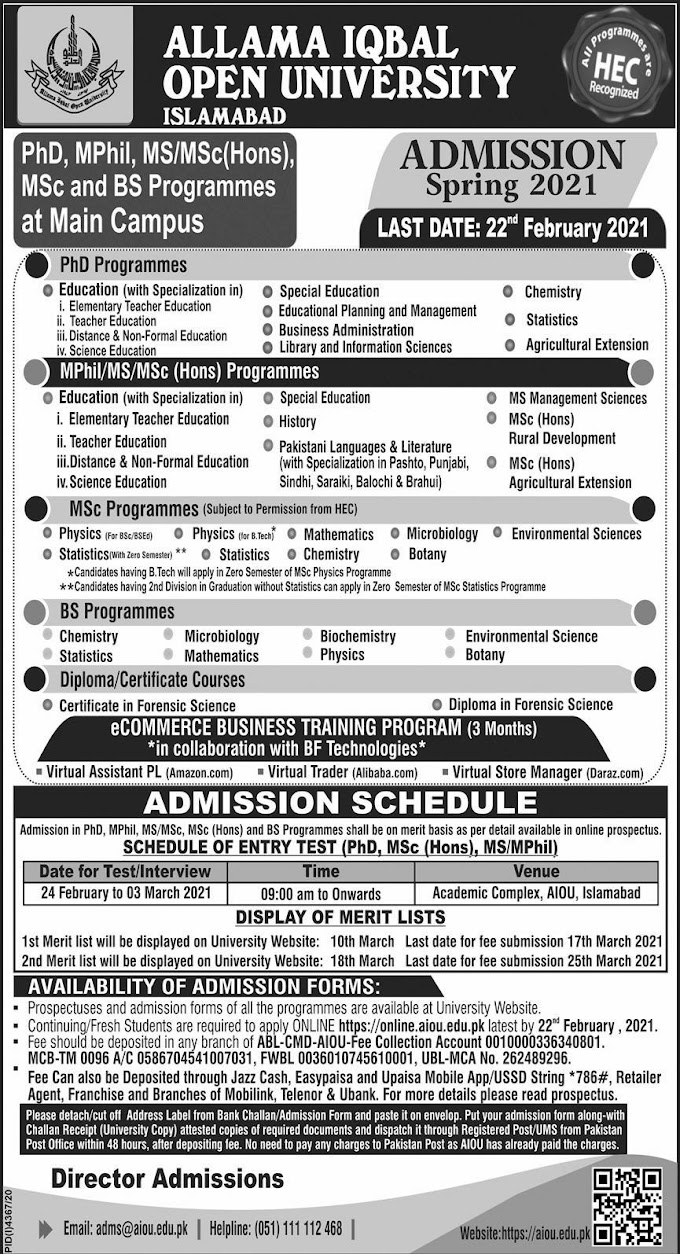 (AIOU) Allama Iqbal Open University Islamabad Admission 2021: for PhD, MPhil, MS/MSc jobspk14.com