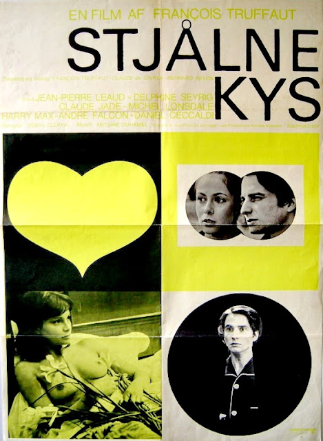 STJALNE KYS. Dinamarca. Cartel. BESOS ROBADOS. Baisers volés. 1968. Francia. Dirección: François Truffaut. Reparto: Jean-Pierre Léaud, Claude Jade, Delphine Seyrig, Michael Lonsdale, Harry-Max, André Falcon, Daniel Ceccaldi, Claire Duhamel, Catherine Lutz, Marie-France Pisier, Martine Brochard.