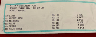 for sale as below:  Genuine new parts for BILGE & BILGE CIRC. PUMP  MAKER: TAIKO KIKAI IND CO LTD MODEL: LD-2NX DWG. NO. S0Z52A1B6320  GENUINE PART AS BELOW:  10 LINER NO. 102 1pc 111 BUCKET RING NO. 111 2pcs 1I2 WEIRRING NO. 114 2pcs 118 VALVE NO. 210 4pcs 114 SPRING NO. 215 4pcs 115 VALVE GUIDE NO. 218 4pcs  242 GLAND PACKING NO 501 2pcs 243 BUCKET RING NO 111 4pcs 244 VALVE GUIDE NO 218 4pcs 245 SPRING NO 215 4pcs  246 SPRING SEAT NO 223 4pcs 247 VALVE SEAT NO 214 1pc  ALSO KOREAN MAKE AS BELOW - BUCKET QTY 3PCS - CYL LINER COMPLETE WITH HOUSING 1PC   WORLDWIDE DELIVERY