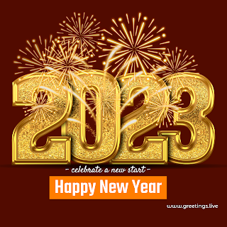 2023 New Year wishes image with 3D golden text and fire works maroon background colour