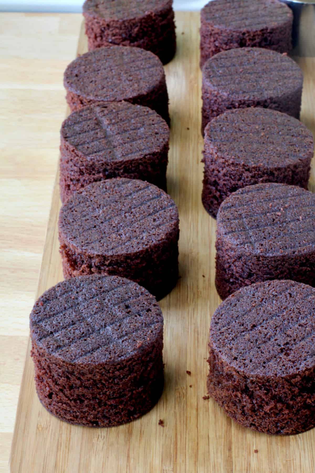 Cut outs of 15 chocolate espresso cakes.