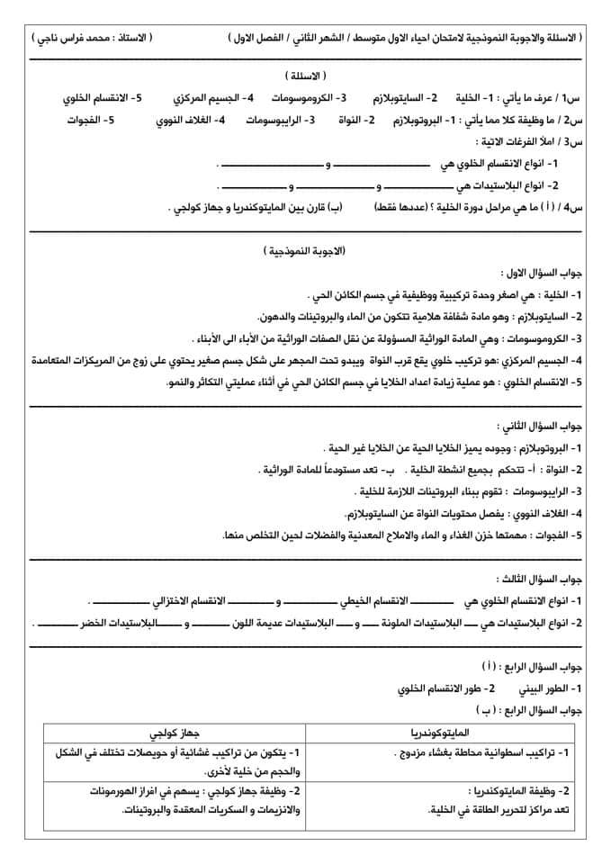 الاسئلة والاجوبه النموذجيه لامتحان مادة الاحياء لصف الاول متوسط الشهر الثاني