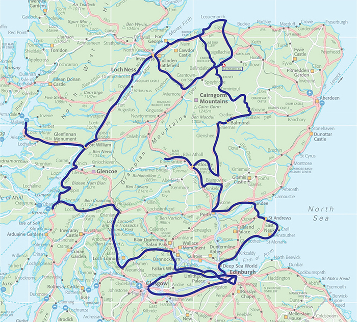map of route traveled through Scotland