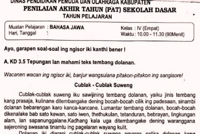 Download soal penilaian simpulan tahun atau UAS semester  Soal Ulangan Bahasa Jawa Kelas 4 Semester 2 K13