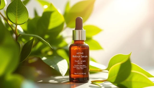 A serene skincare display featuring a glass bottle of retinol serum, surrounded by fresh green leaves and radiant sunlight filtering through, highlighting the youthful glow of smooth, clear skin in the background, soft colors, and an inviting atmosphere.