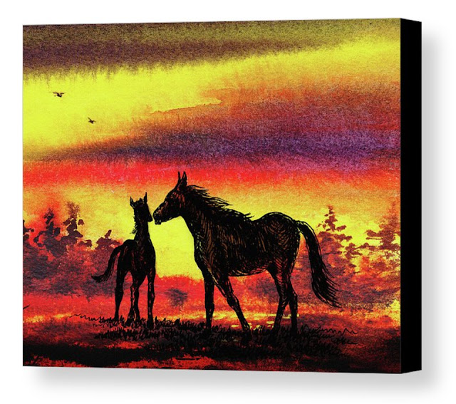 Watercolour Artist Illustrator Mare and Foal at sunrise