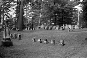A black and white photograph of a cemetery among trees.