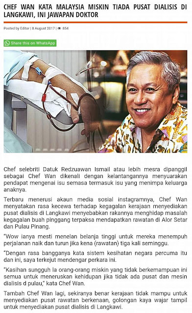 CHEF WAN kata Malaysia Miskin Tiada Pusat dialisis di Langkawi?