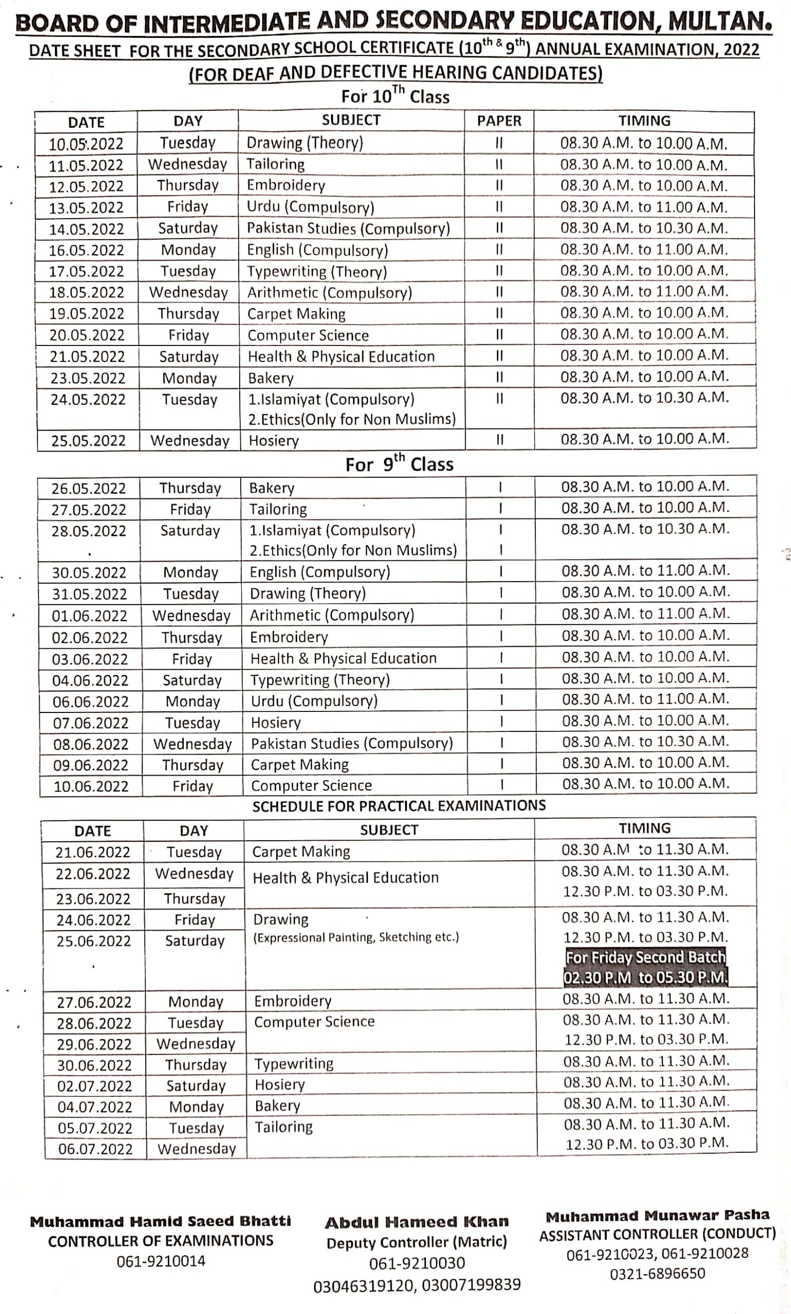 BISE Multan Date Sheet 2022 For Deaf & Defective Hearing Candidates Annual Exam