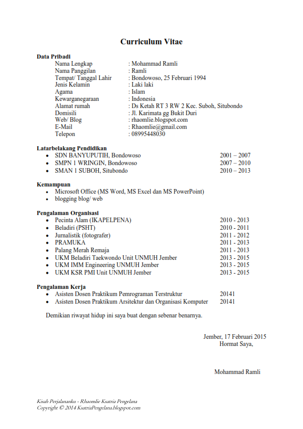 Contoh Surat Lamaran Asisten Praktikum dan Curriculum 