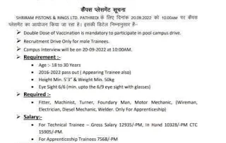 Shriram Pistons & Rings Ltd ITI Jobs Campus Placement Drive On 20th September 2022 at Govt  ITI Sangod, Kota, Rajasthan