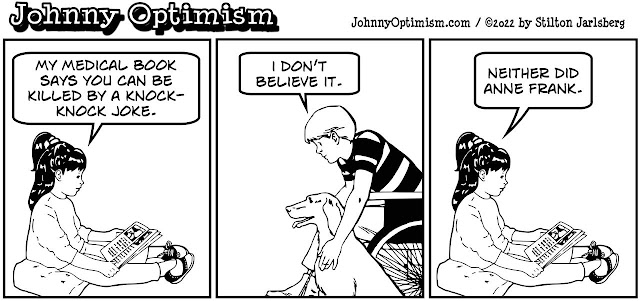 johnny optimism, medical, humor, sick, jokes, boy, wheelchair, doctors, hospital, stilton jarlsberg, knock-knock joke, anne frank, medical book girl