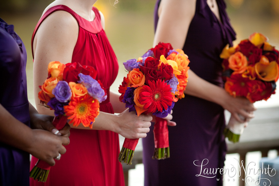 Her bridesmaids carried bouquets of purple lisianthus red gerbera daisies 