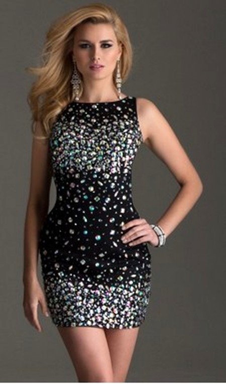 Black Sparkly Sheath/Column Tulle Crystal Detailing Short/Mini Prom Dress-Price: $170.19 ( 60.0% OFF ) 