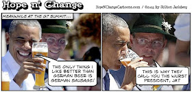 obama, obama jokes, political, humor, cartoon, conservative, hope n' change, hope and change, stilton jarlsberg, G7, germany, beer, sausage
