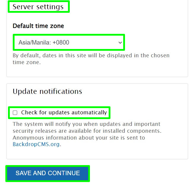 backdrop site server settings localhost