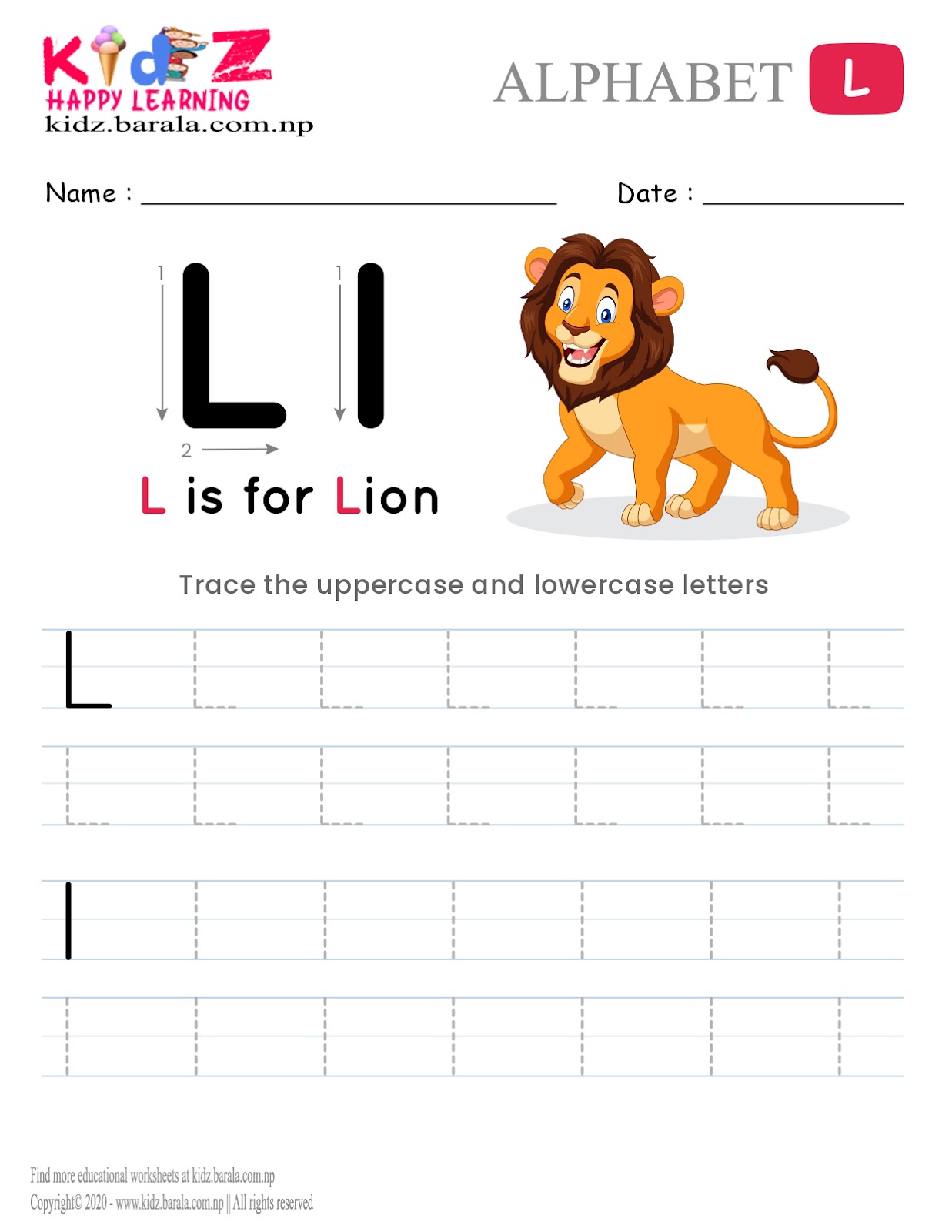 Alphabet L tracing worksheet free download .pdf