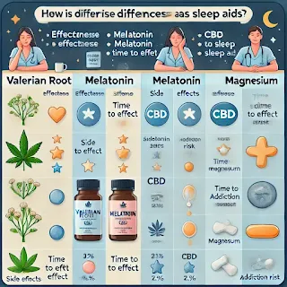 Comparison chart of Valerian Root, Melatonin, CBD, and Magnesium, highlighting effectiveness, side effects, time to take effect, and addiction risk."