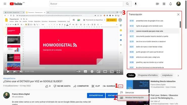 Transcribir audio a texto online con YouTube