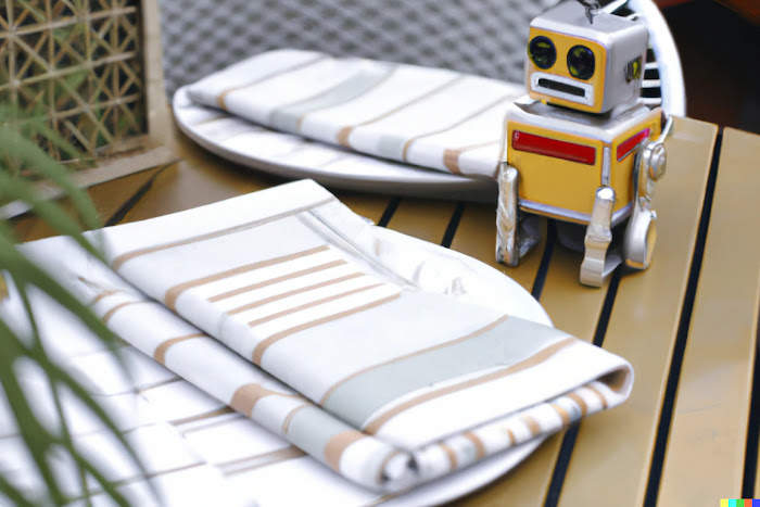 A toy robot sitting at the edge of table