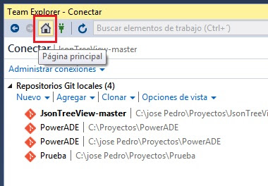 Pagina principal control de versiones Visual Studio
