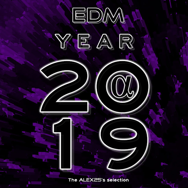Elongated bars with some depth perspective in purple and black with a text that says EDM Year 2019. The ALEX25's selection