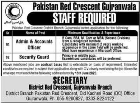 Pakistan Red Crescent PRC Gujranwala Jobs 2023