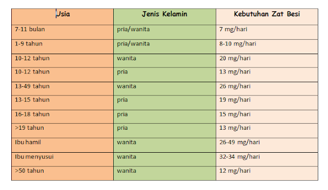 kebutuhan zat besi menurut kelompok umur