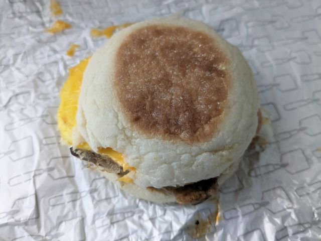 Wendy's Sausage, Egg & Cheese English Muffin top-down view.