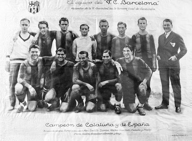 F. C. BARCELONA. Temporada 1927-28. Romà Forns (entrenador), Enrique Mas, Castillo, Llorens, Walter, Guzmán, Domingo Carulla y Franz Platko (portero lesionado). Piera, Sastre, Samitier, Arocha y Sagi-Barba. F. C. BARCELONA 3 🆚 REAL SOCIEDAD DE FOOT-BALL 1 Viernes 29/06/1928, 17:00 horas. 26º Campeonato de España – Copa del Rey de Fútbol, final, desempate tercer partido. Santander, Campos de Sport de El Sardinero: 17.000 espectadores. GOLES: ⚽1-0: 8’, José Samitier. ⚽1-1: 16’, Domingo Zaldúa. ⚽2-1: 21’, Ángel Arocha. ⚽3-1: 25’, Josep Sastre.