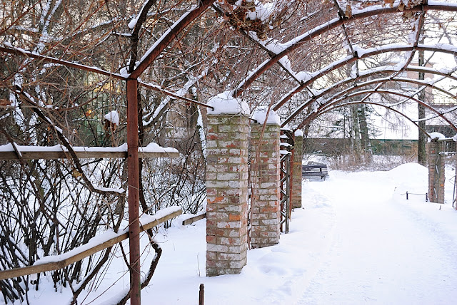 Pergola in Winter Park Covered with Snow