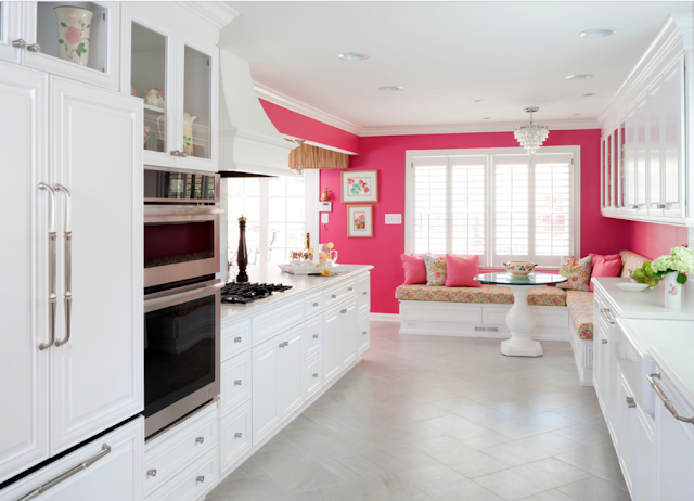 image result for pink and white kitchen with Top Knobs cabinet hardware