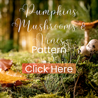 picture shows a fantasy forest with the words pumpkins, mushrooms, and vines pattern click here
