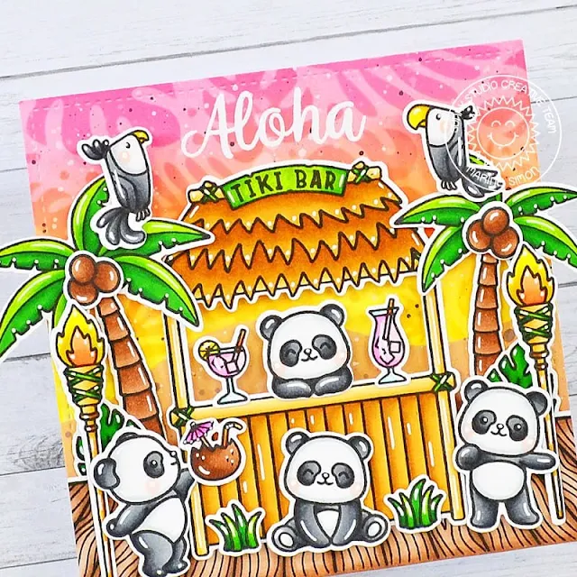 Sunny Studio Stamps: Sprawling Surfaces Card by Marine Simon (featuring Panda Party, Tiki Time, Seasonal Trees)