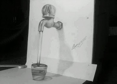 Water tap pencil drawing optical illusion