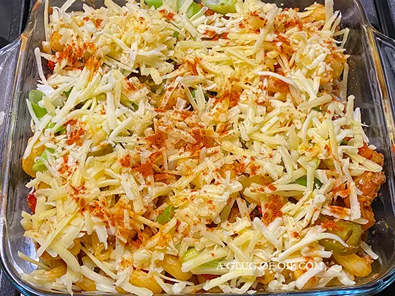 American chop suey ready for the oven