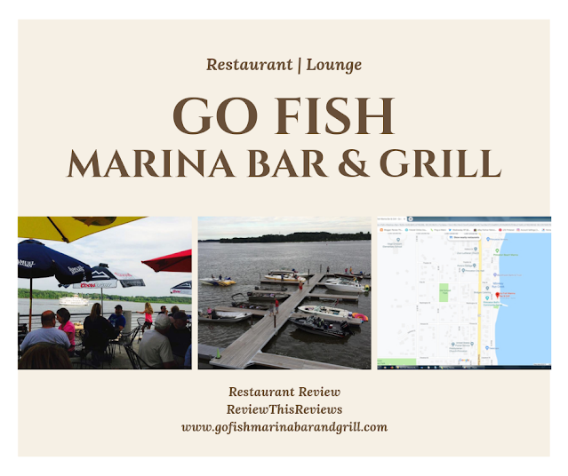 A collage of views from the Go Fish marina Bar and Grill in Iowa