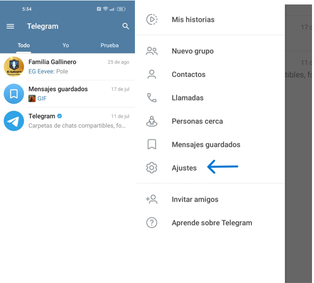 Ir a "Ajustes" en Telegram