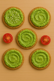 five crackers topped with avocado, with 2 half cherry tomatoes on a wooden surface