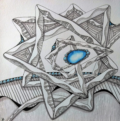 zentangle duotangle of auraknot and meer with turquoise blue gem