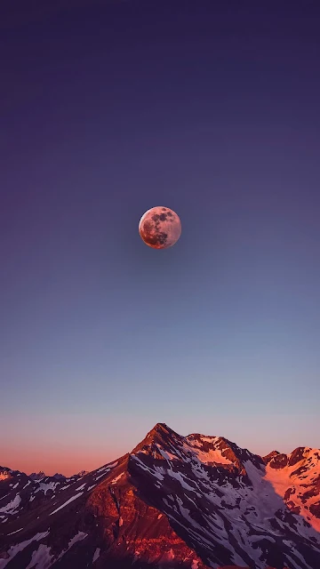 Free Wallpaper Sunset Sky, Moon, Mountains, Snow, Landscape