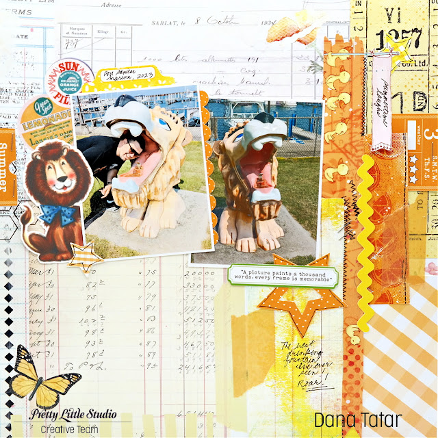 Monochromatic Orange Summer Vacation Lion Drinking Fountain Fun Scrapbook Layout Created Using the Pretty Little Studio Collage Ledger and Accent Papers and Die-Cuts