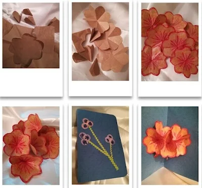 etape confectionare felicitare pop-up cu flori din hartie maronie de impachetat