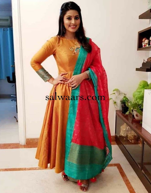 Sneha in Mustard Yellow Silk Salwar Kameez