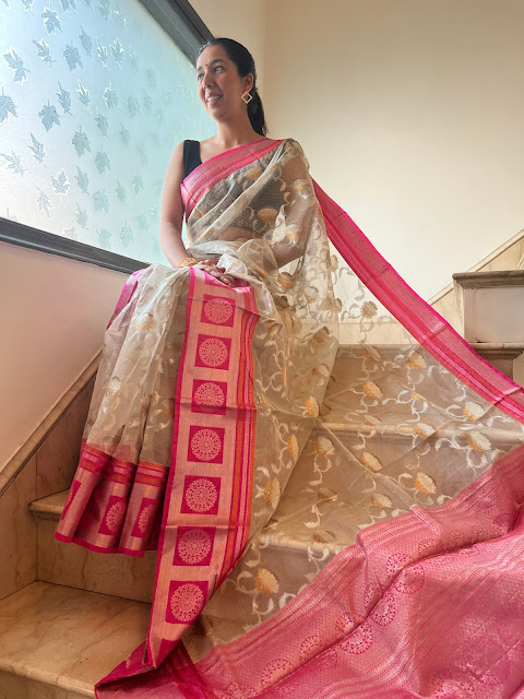 Champagne and hot pink jangla jaal saree