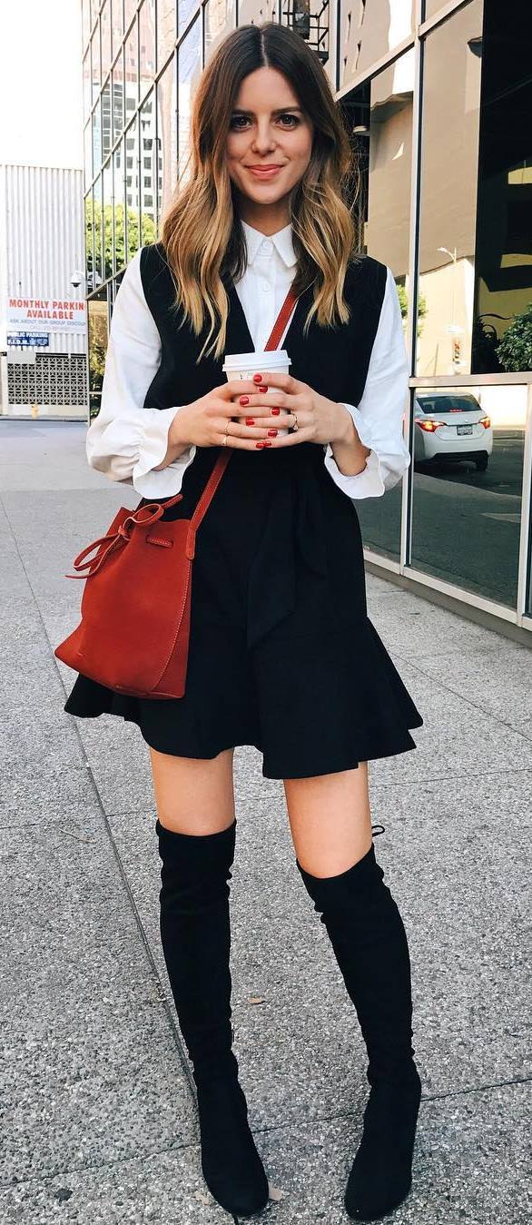 cool office style outfit: white blouse + bag + dress + over the knee boots