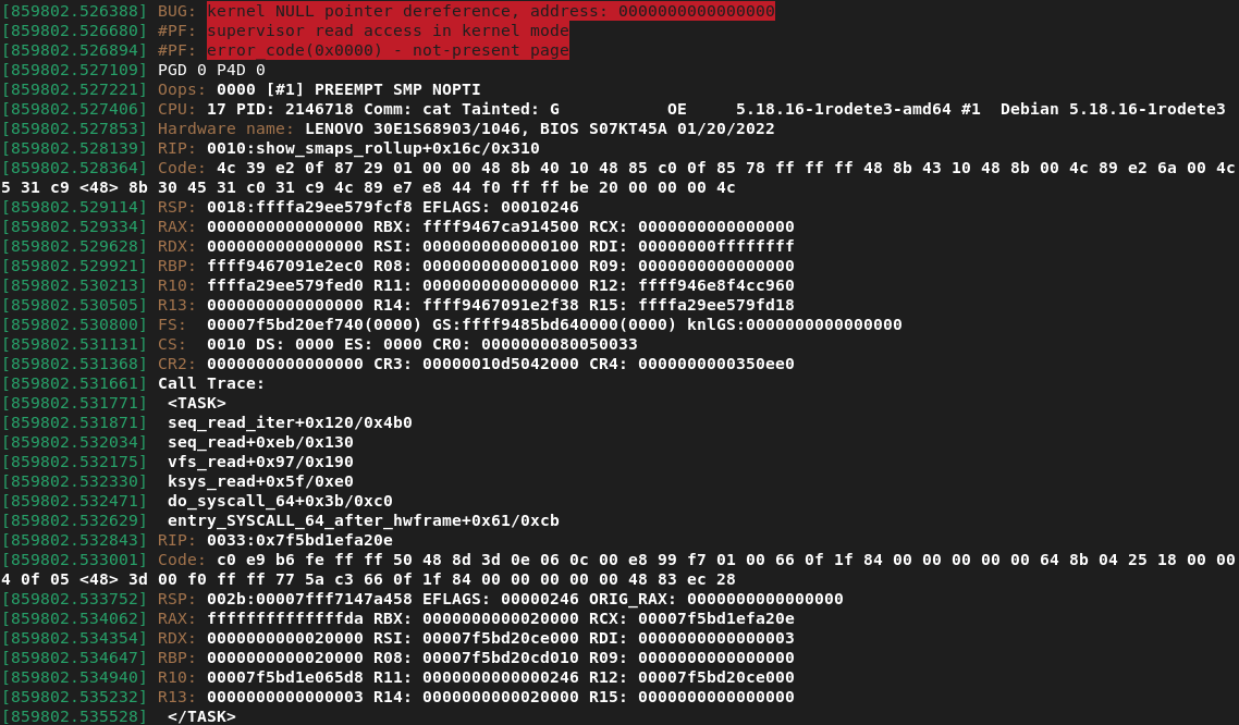 Kernel log showing the oops condition backtrace