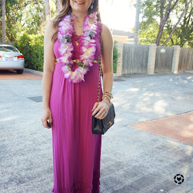 awayfrom blue instagram pink MEV havana maxi dress floral lei themed Christmas party outfit 