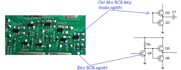 Các đèn thực tế và trên sơ đồ nguyên lư, các đèn 5 chân là đèn kép thuận ngược có nội dung bên trong như hình dưới